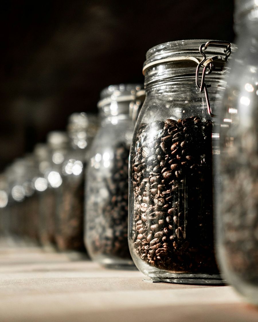 Coffee stored in sealed glass jars