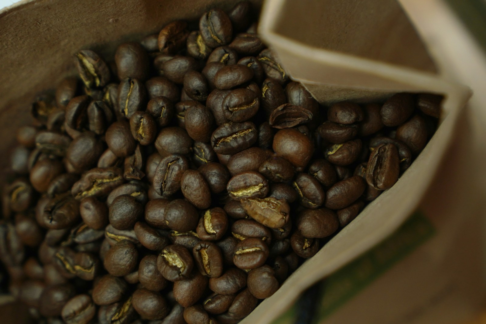 An open bag of roasted coffee beans resting on a table